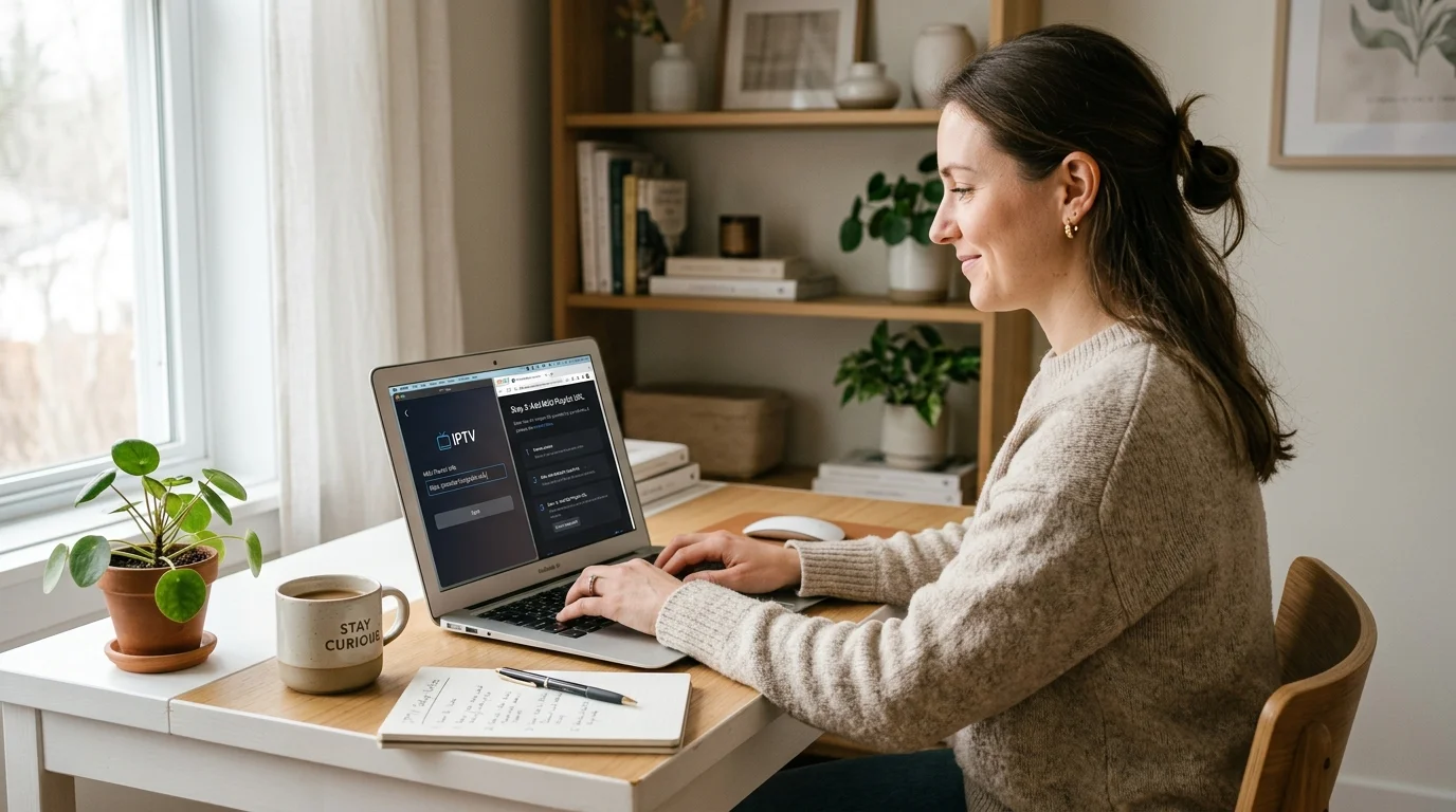 Woman using a laptop to explore IPTV services, with a coffee mug and plant on a desk, illustrating the setup process for IPTV UK subscriptions.