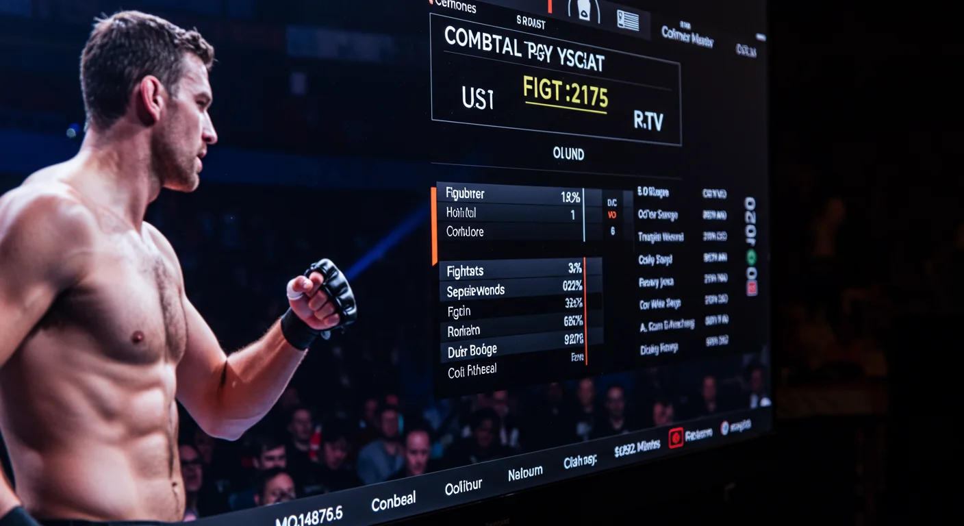 UFC fighter preparing for a match, with fight statistics displayed on a screen, emphasizing live sports and UFC Pay-Per-View access through IPTV UK.